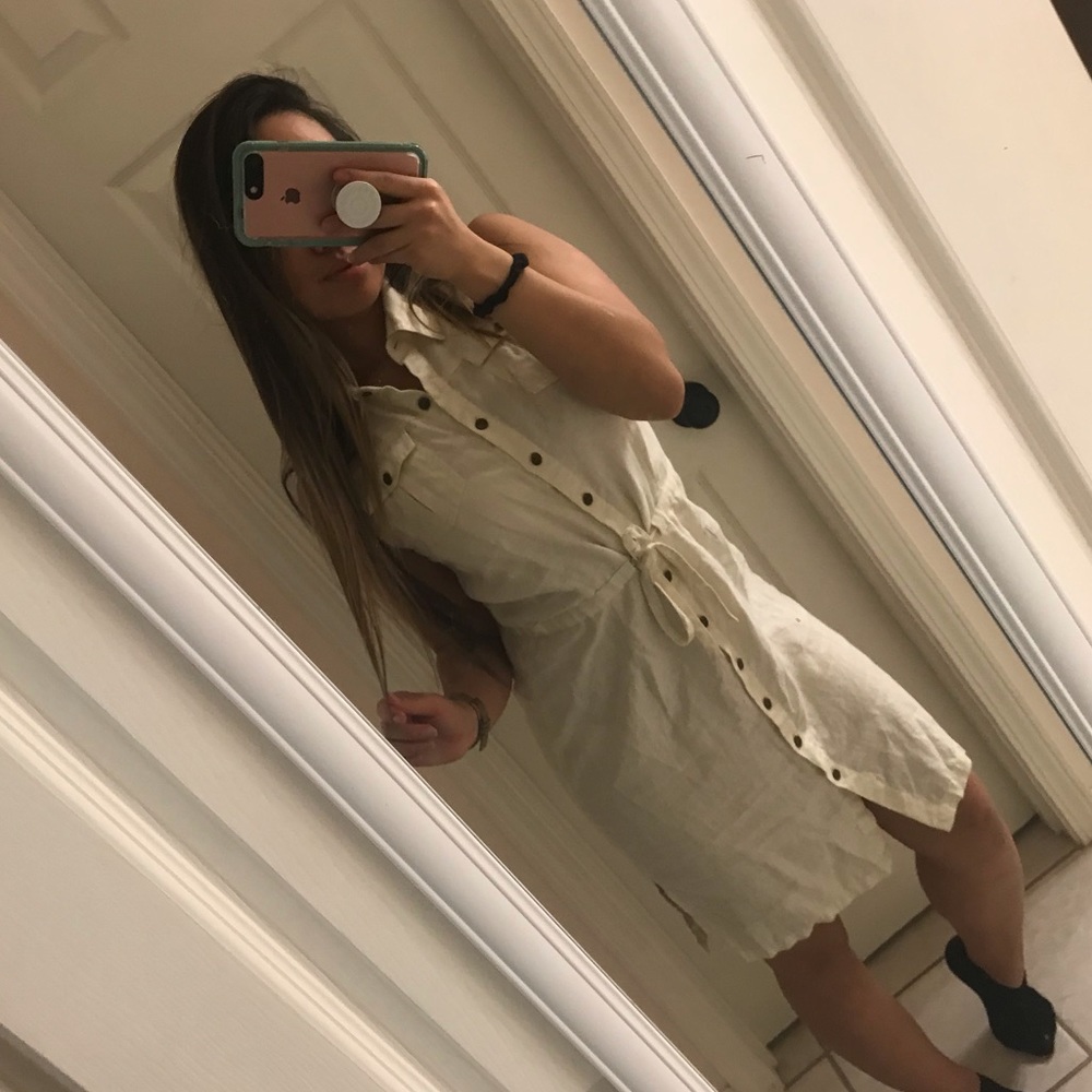 Button Up White Tie cinched Waist Dress
